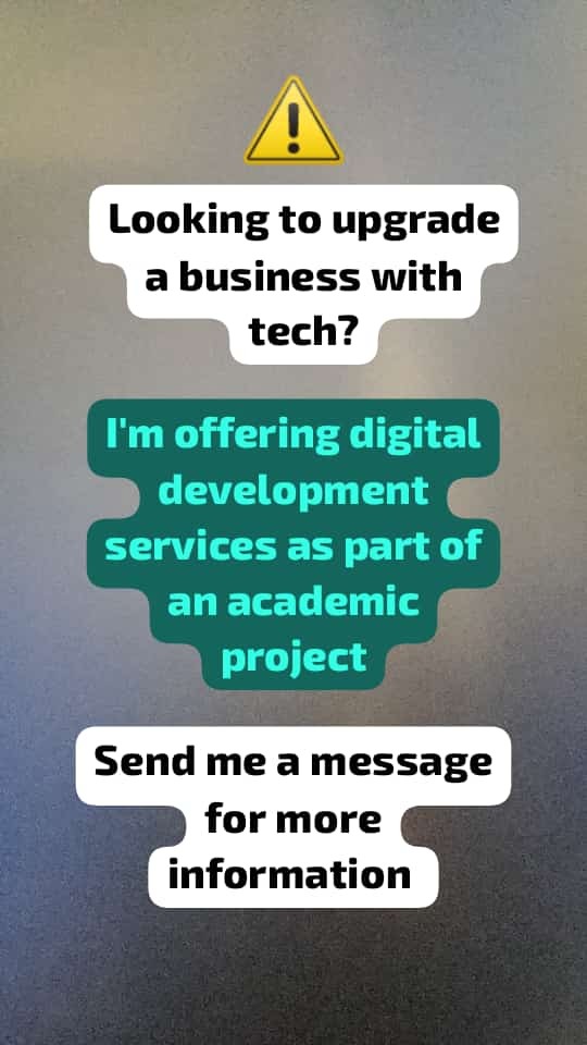 I have to provide a solution to a real client as part of an academic project

It will be a professional project only for the 1st suitable person that text me in the next hours

Send me your situation

#freelance #DEVCommunity #freelancer #webdevelopment #developers #techCareer