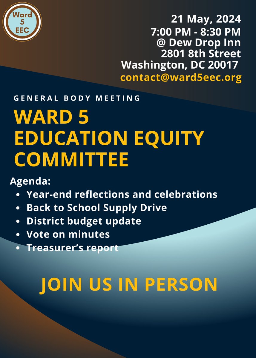 Ward5EEC's tweet image. We look forward to seeing you in person at our monthly meeting on Tuesday May 21, 2024, from 7:00pm to 8:30pm Eastern Time, at Dew Drop Inn, 2801 8th Street NE, Washington, DC, 20017. We hope to see you all there!