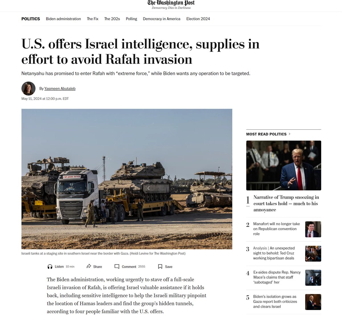 Informe del The Washington Post: La administración Biden está ofreciendo a Israel una “valiosa ayuda si se detiene; incluyendo inteligencia sensible para localizar a los líderes de Hamás y túneles ocultos”. Tienen esa información, ¿y la usan para coaccionar?