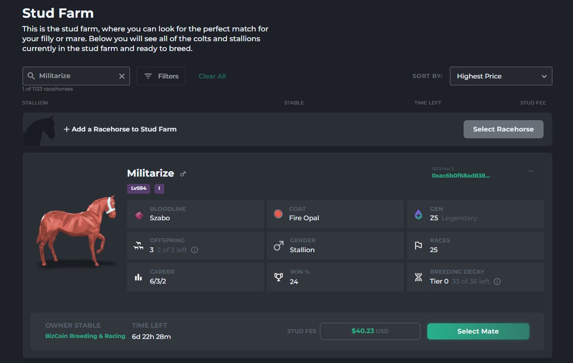 BizCoin01's tweet image. x.com/BizCoin01/stat…
Militarize back in Stud at Minimum! Proven Sprinter 🔥
zed.run/610346/select-…