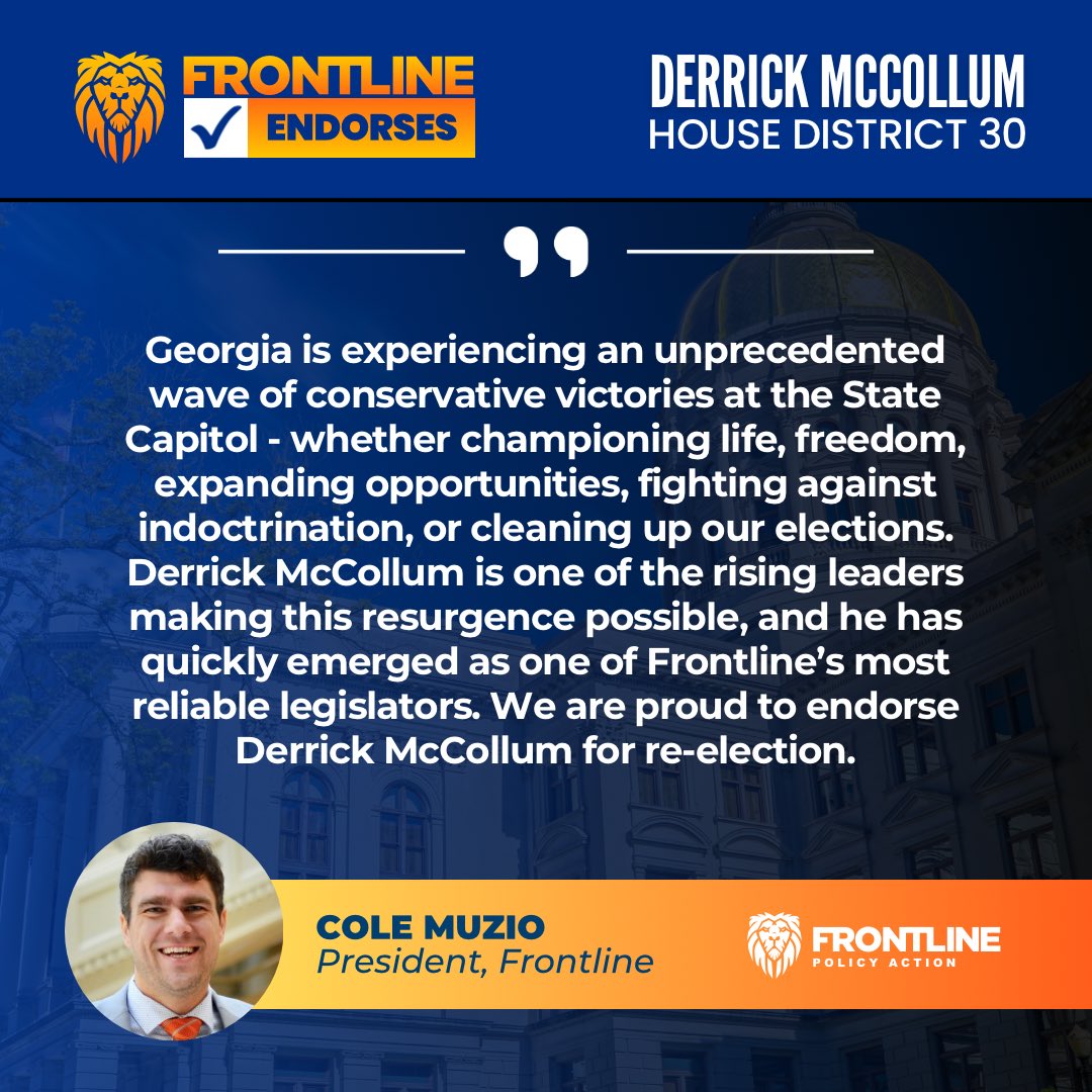 “We are proud to endorse @DerrickMcColl30 for re-election.” -@ColeMuzio #HD30