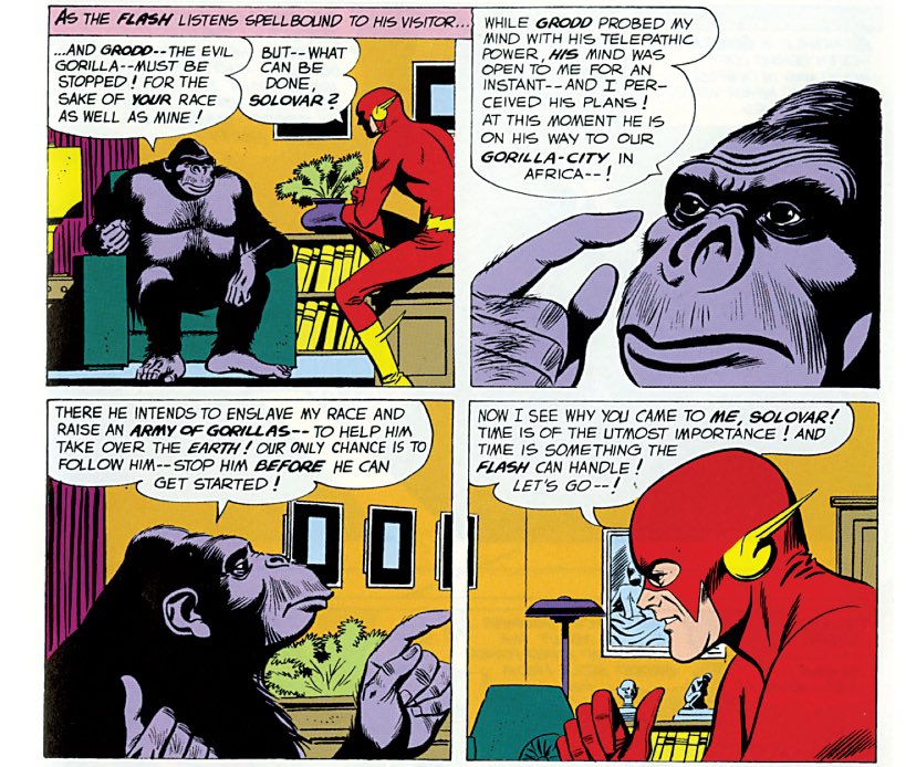 Y’know, if a talking gorilla randomly climbed in through my apartment window, I’m not sure I’d react as calmly as Barry does. (The Flash #106 - “Menace of the Super-Gorilla” - John Broome, Carmine Infantino, and Joe Giella) #BarryAllen #Solovar #GorillaCity #TheFlash #dccomics