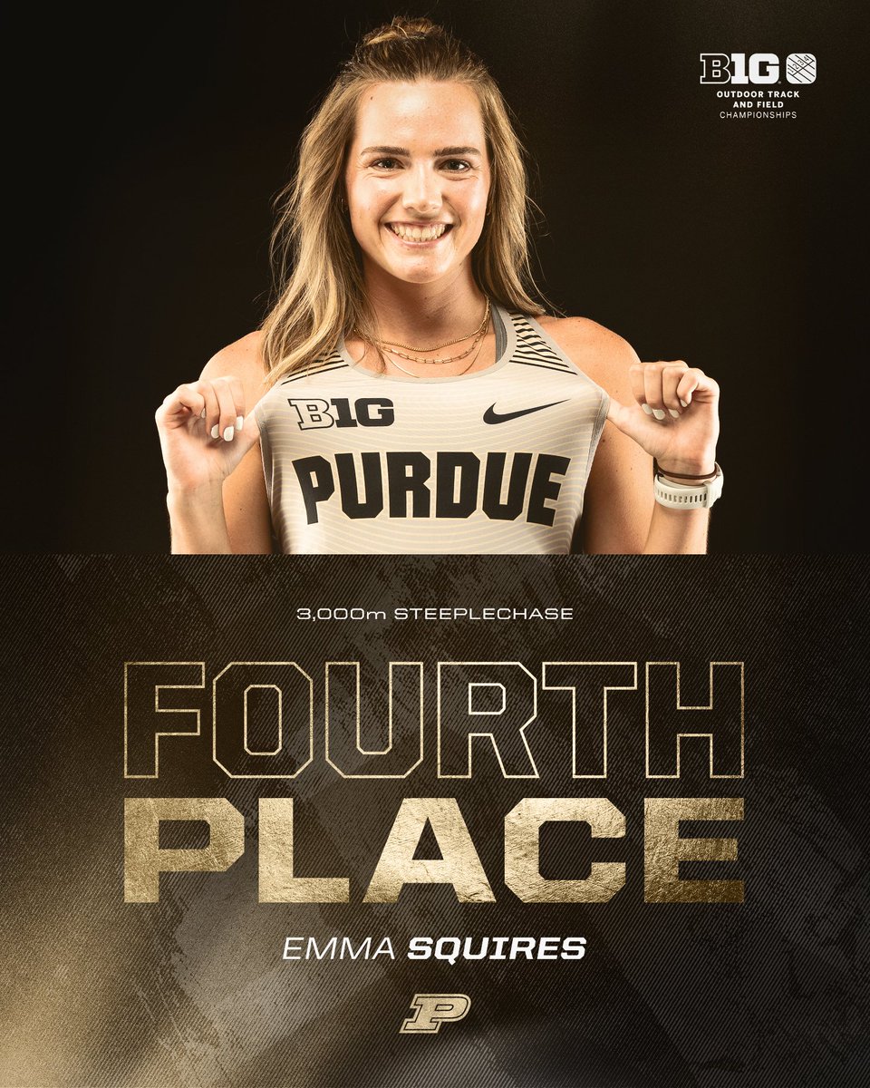 PurdueTrackXC's tweet photo. Emma Squires earns her first career podium finish! 💦

In the 3,000m steeplechase, Emma is 4th in 10:27.94. She is the first Purdue distance runner to score at the Big Ten meet since 2018!

#BoilerUp 🚂 x #B1GTF 🏆 https://t.co/In40NHHG0q
