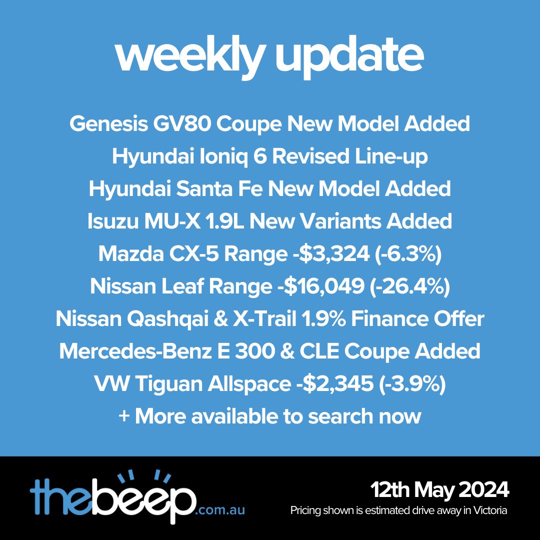 Our weekly recap of what’s been happening in the Australian car market 👀

Search all of this and more at TheBeep.com.au 🚗

#thebeep #cars #carsaustralia #cardeals #carsdaily #carnews #newcar #automotive #nissanleaf #hyundaisantafe #genesisgv80 #mazdacx5 #mercedesbenz