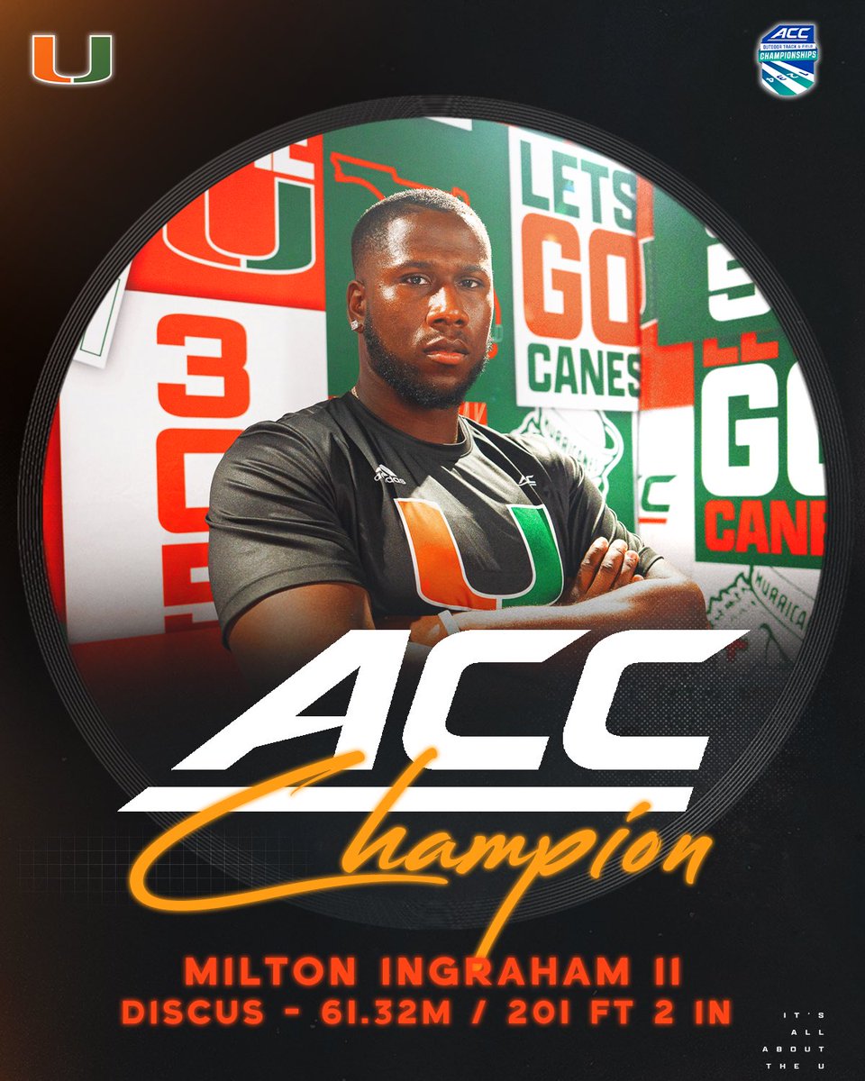 CanesTrack's tweet photo. HE’S DONE IT AGAIN! Milton Ingraham is the ACC discus CHAMPION! 🙌🥇

✅ 61.32m (201 feet, 2 inches) 
✅ ACC Champion 🥇
✅ 10 points to the men’s team 👏 https://t.co/qTfs6N5eBI