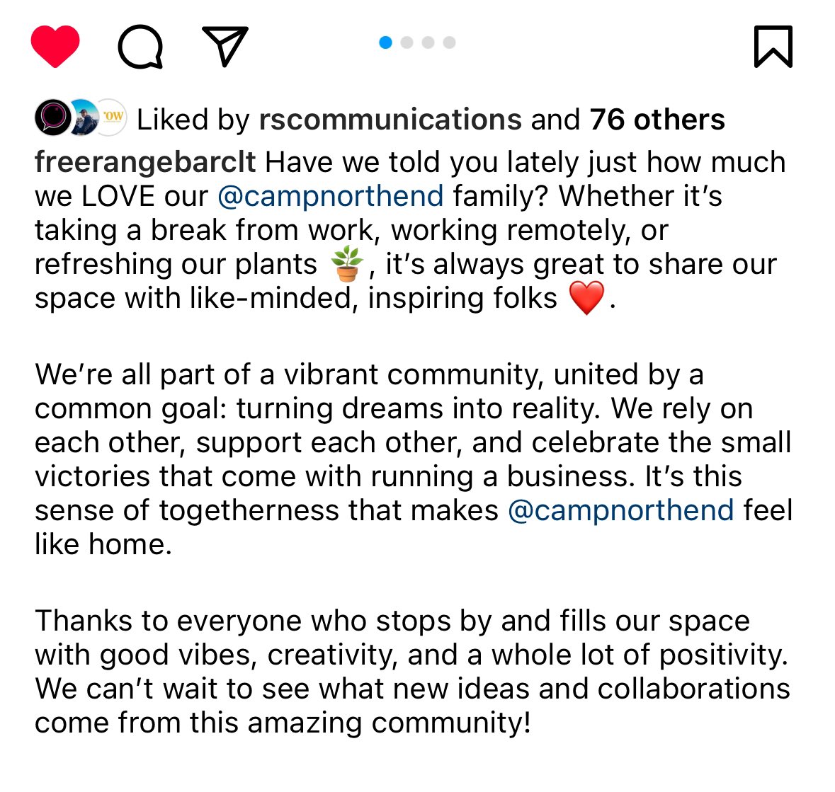 Why is @campnorthend special? The community of people who have chosen to open businesses, to patronize those businesses, to come to events, and — very, very soon — to live at Camp North End. Here’s one of our tenants naming that rare feeling 👇