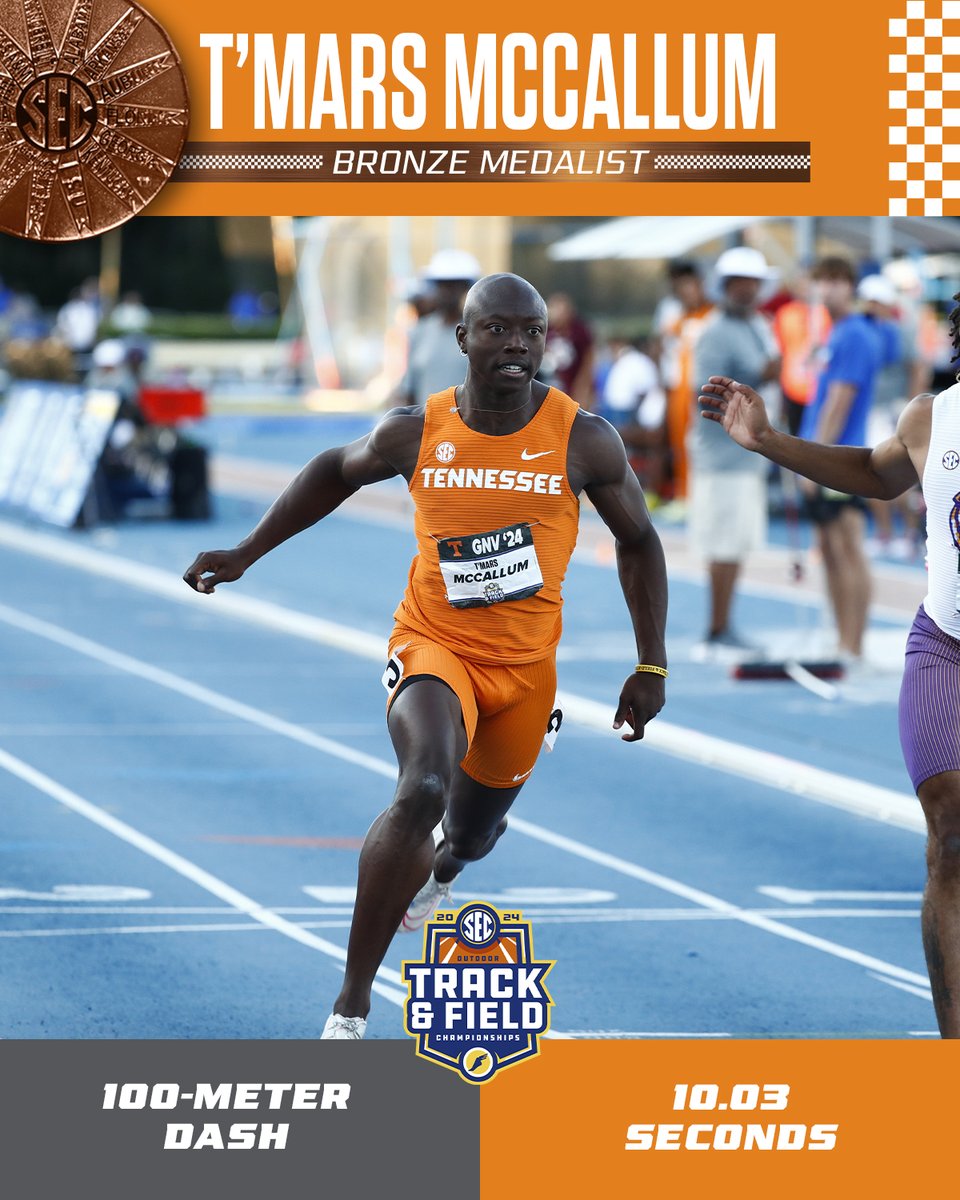 TJ goes 1️⃣0️⃣.0️⃣3️⃣ in the SEC 100-meter final and wins his first career conference medal! 🥉 #GBO
