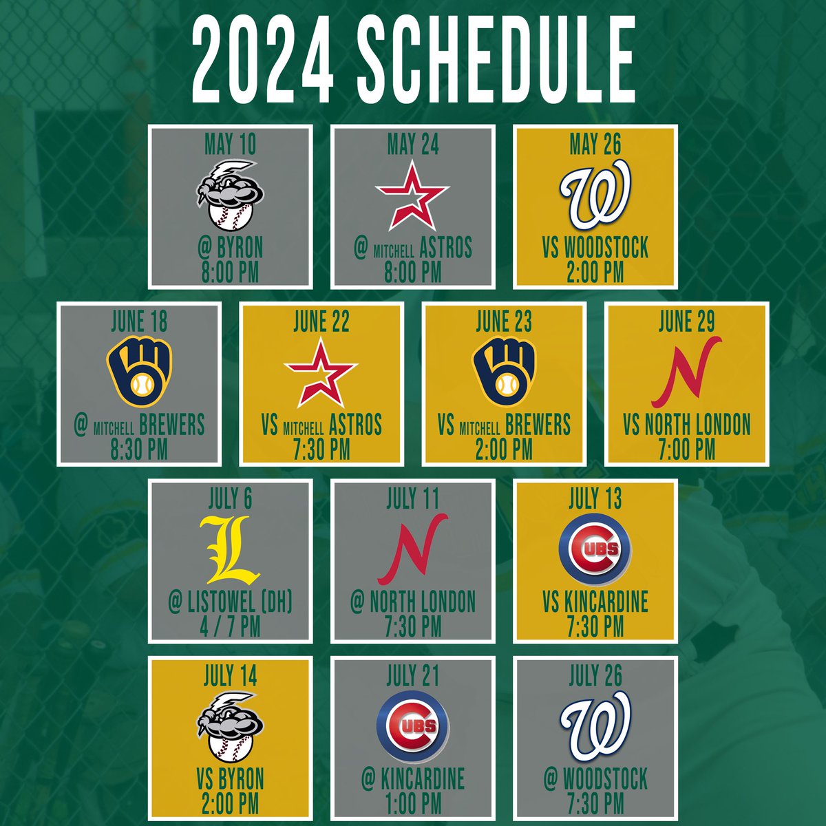 Our complete 2024 schedule! Next game is May 24th in Mitchell! ☘️☘️☘️