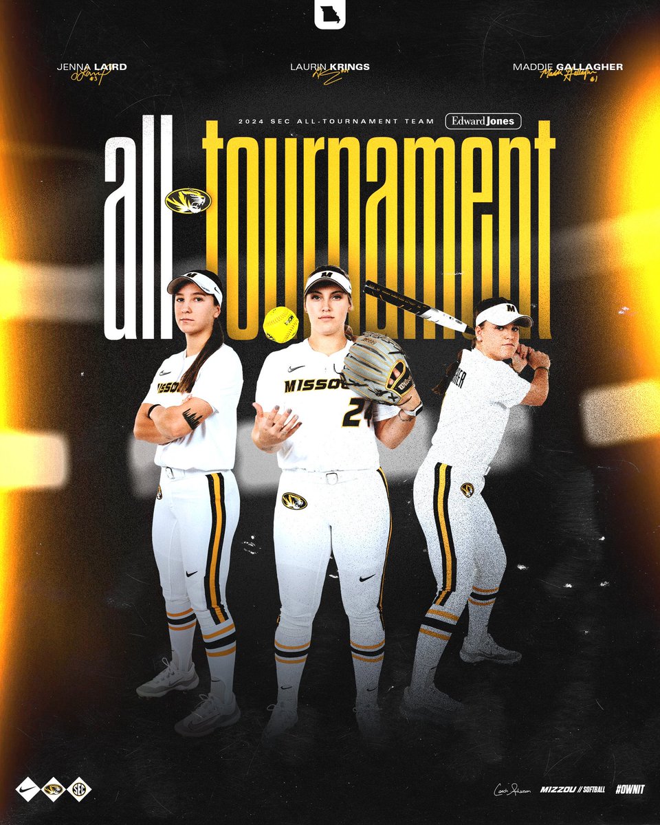 Congratulations to Maddie Gallagher, Laurin Krings and Jenna Laird on their selection to the 2024 SEC All-Tournament Team!!! #OwnIt #MIZ 🐯🥎