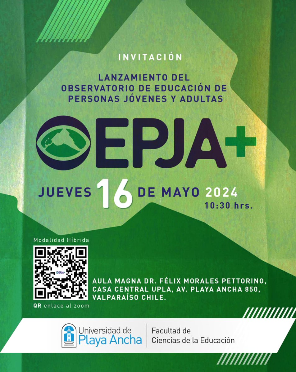 Estimada comunidad les invitamos al lanzamiento de nuestro observatorio de educación de personas jóvenes y adultas EPJA, este jueves 16 de mayo 2024. A las 10:30 hrs 🇨🇱 🌐 Visita: observatorioepja.cl 🛜 Conéctate a la sesión en vivo: cutt.ly/MeeUbtUz