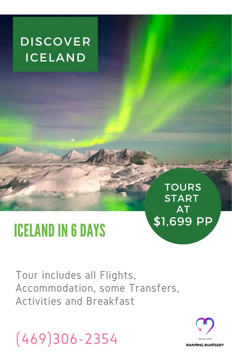 AgencyRhapsody's tweet image. 🇮🇸See the Northern Lights

Iceland in 6 Days, 4 Nights in Destination

    #GeysirGeothermal Area #GullfossWaterfall #Jokulsárlón #GlacierLagoon #Reykjavik #Vik #iceland #europe #northernlights #onceinalifetime #adventure #nature #couples #solotraveler #culture #winter