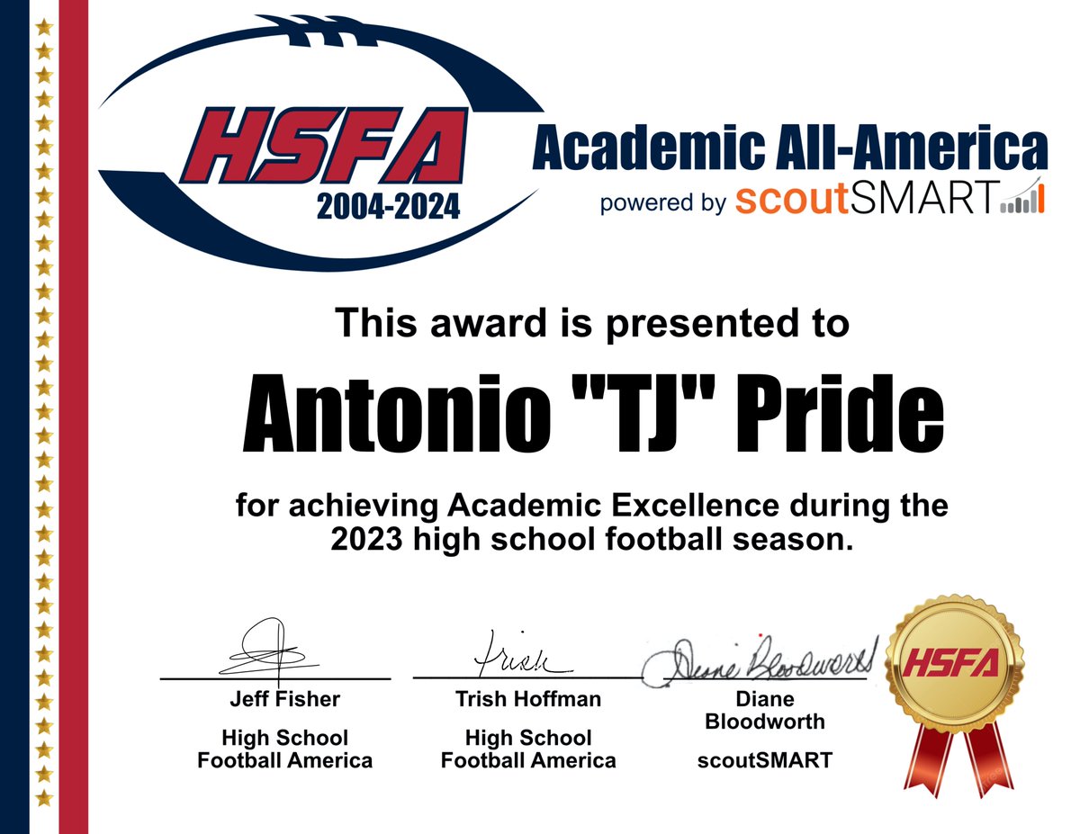 Saluting TJ Pride of DeSoto (TX) on being a '23 High School Football America Academic All-American. See all 4,000+ student-athletes that have been honored on our AAA team, powered by @scoutSMART_ at the following link -> bit.ly/3U1yowP #txhsfb @FootballDesoto @Tjpride2