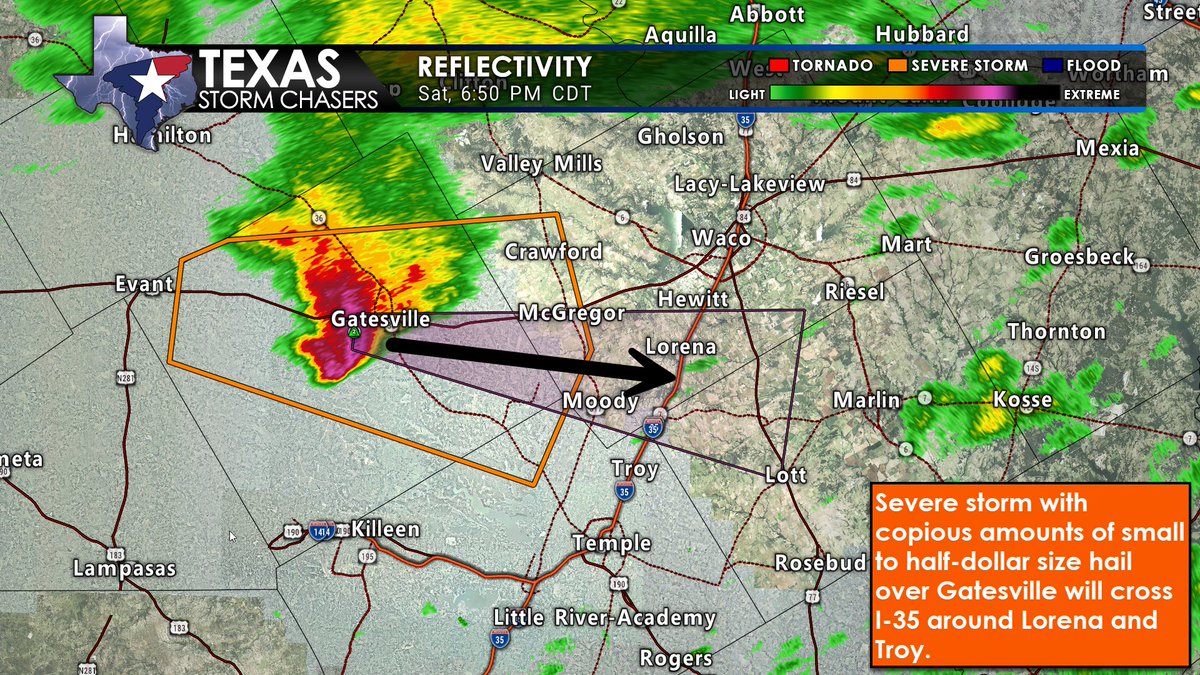 651PM: Severe storm with copious amounts of small to half-dollar size hail over Gatesville will cross I-35 around Lorena and Troy. Moving east at 45-50 MPH. #txwx #ctxwx