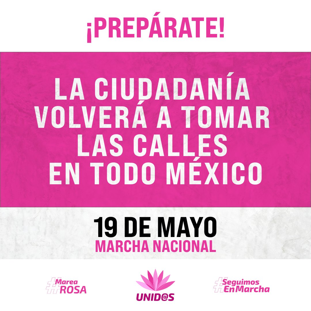 🚨𝗔𝗣𝗔𝗥𝗧𝗔 𝗟𝗔 𝗙𝗘𝗖𝗛𝗔🚨 🗓️Domingo 19 de mayo ⏰ 11:00 hrs 👚 Lleva una prenda rosa 🇲🇽 Asiste con tu bandera 📌 En el Zócalo y principales plazas de todo México ¡𝗡𝗢 𝗙𝗔𝗟𝗧𝗘𝗦! #SeguimosEnMarcha #UneMexico @redesunidosmx @supercivicosmx @SelvameMX @MexLibre_