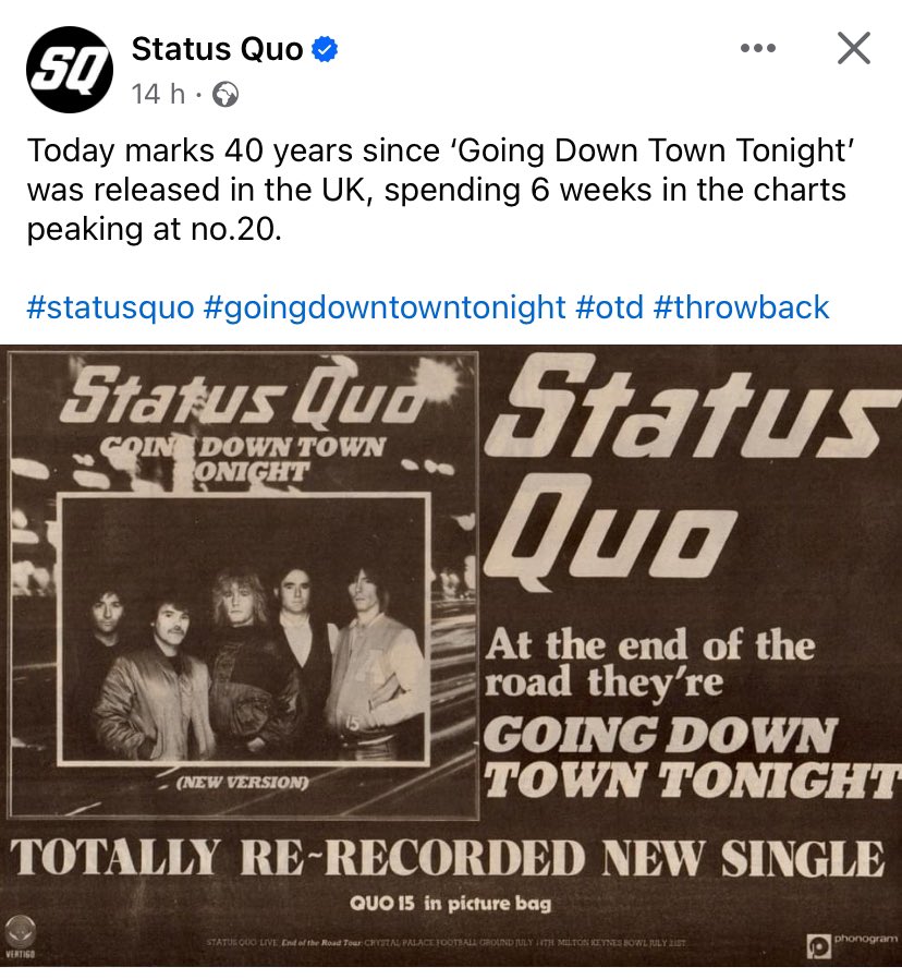 Flip. This makes me feel very old. 40 years since this single from Quo was released. It was the first record I bought with my own money. Cycled home from WH Smith’s with it strapped to my pannier rack.
