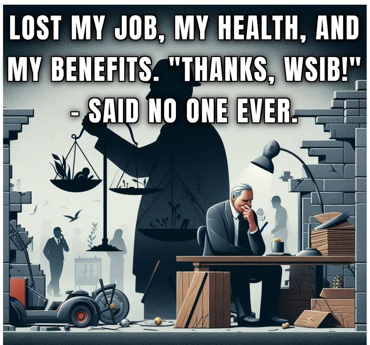 Lost my job, my health, and my benefits. 'Thanks WSIB!' - said no one ever. Injured workers deserve better. It's time for change. #WorkersCompIsARight