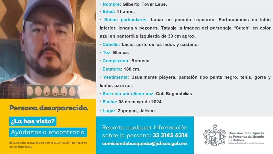 GNocturnaMX's tweet photo. ¿Has visto a Gilberto Tovar Lepe?
Fue visto por última vez en la colonia Bugambilias

#ServicioSocial https://t.co/TXtXtgiVRR