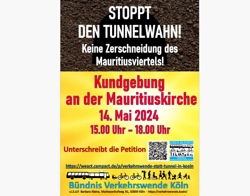 Oben bleiben! Kundgebung gegen den Tunnelplan auf der Ost-West-Achse
14.05.2024
15-18 Uhr
Mauritiuskirche, Köln
openstreetmap.org/way/56272867