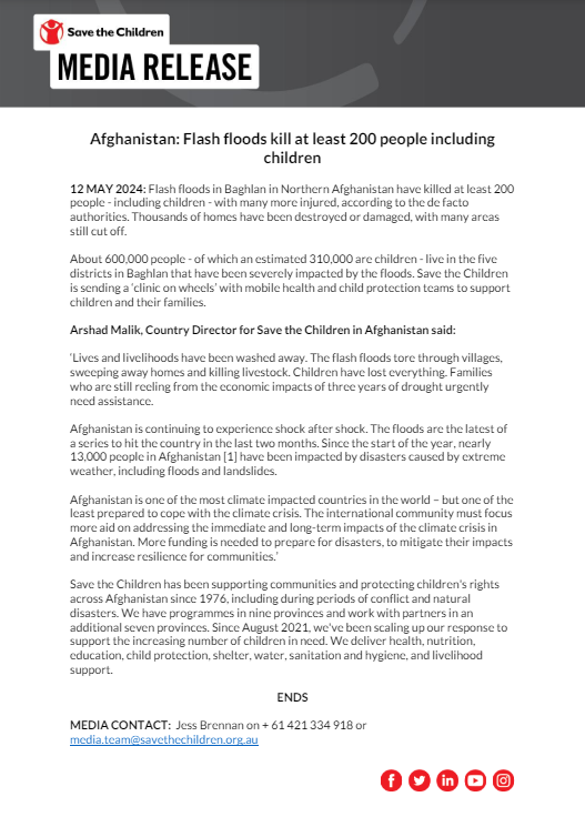 MEDIA RELEASE: Flash floods in Northern #Afghanistan have killed at least 200 people including children. ‘Lives & livelihoods have been washed away. The flash floods tore through villages, sweeping away homes. Children have lost everything.' @ArshadSave @Scafghanistan
