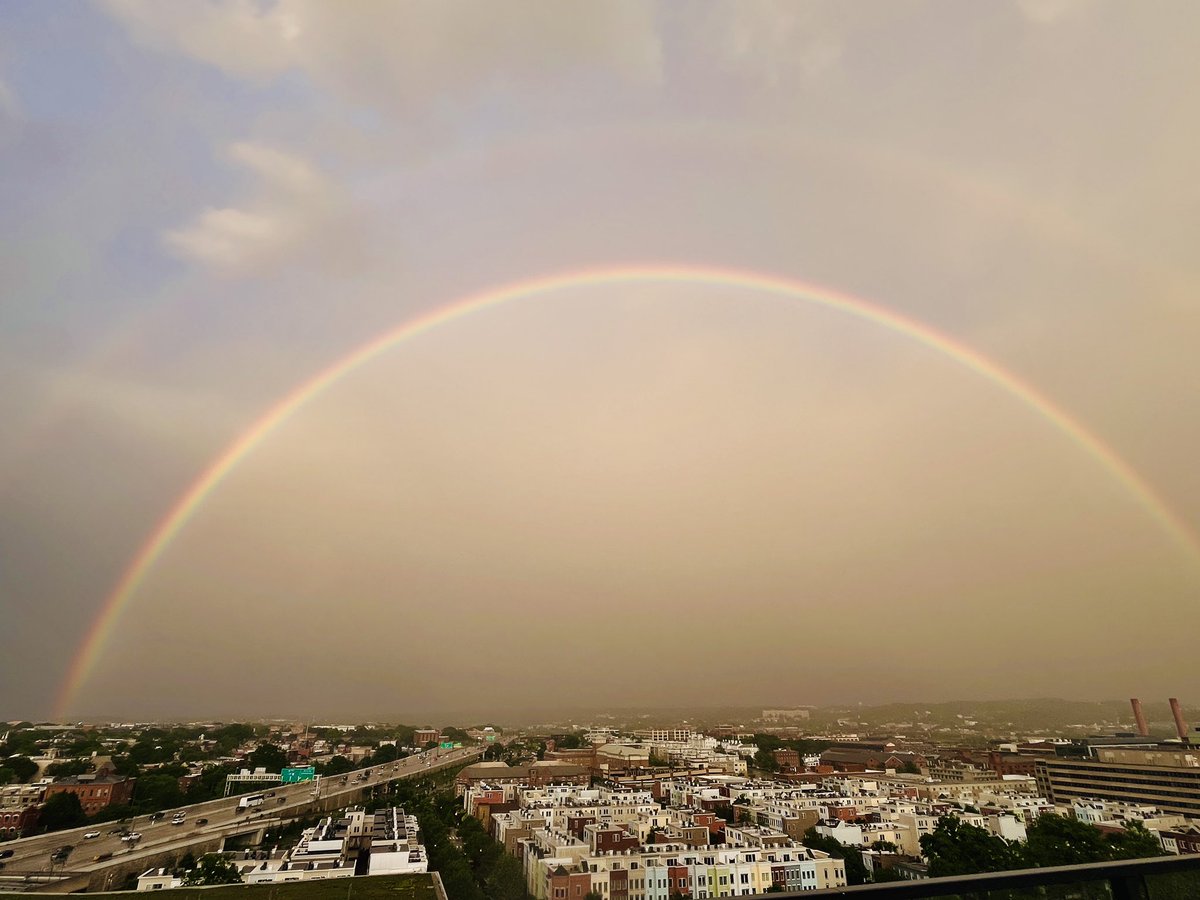 Stunning double rainbow arching over the Capitol Hill/Navy Yard neighborhoods after this evening’s showers. A rare reminder of nature’s magic in the city! 🌈🌈@capitalweather