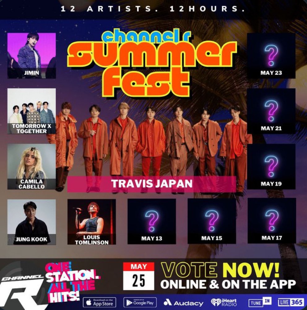 🇺🇸Channel R Radio
ChannelR Summer Fest
夏フェス 5/25

1位 ジミン
2位 トゥバ
3位 カメラ
4位 ジョングク
5位 ルイ
6位 トラジャ

後5枠しかない
絶好の機会なのになー

Web投票 24時間に1回
channelrradio.com/summerfest/
App投票 6時間に1回(1日4回)

I'm listening to song #TakeTwo by #BTS
@BTS_twt