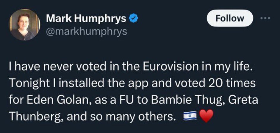 Let’s be absolutely clear - the Irish public did not give Israel 10 points via tele vote. A small determined minority of far right fascists conspired to rig the vote. Don’t ask me👇 I’ve no doubt this cheating happened all over Europe.