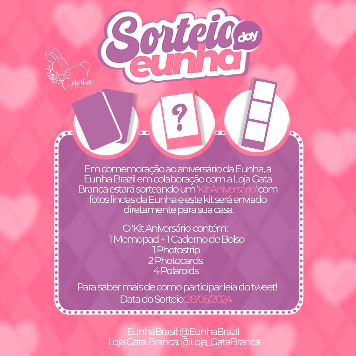 EunhaBrazil's tweet image. ATENÇÃO BUDDYS/NAVS! 🩷

O aniversário da nossa Eunha está chegando, mas vocês que serão presenteados neste mês tão especial. Teremos um sorteio, em colaboração com a @Loja_GataBranca, onde você vai receber os brindes na sua casa!

Para saber como participar, leia o fio. 👇🏻