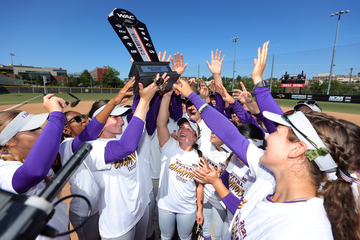 GCU_Softball's tweet photo. Your ‘22, ‘23 &amp; ‘24 WAC Champions. 🏆🏆🏆 #LopesUp https://t.co/jaft1ynRDW