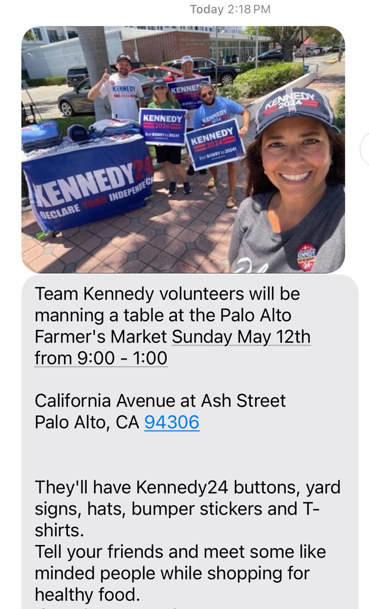 Team Kennedy event tomorrow at the farmers market in Palo Alto.