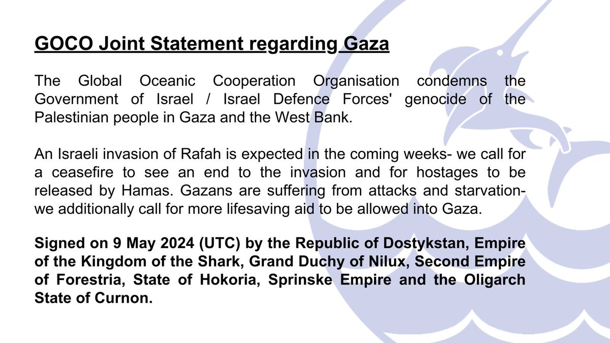 GOCO_Official's tweet photo. On the 9th of May 2024, Representatives of Dostykstan, Sharkia, @NiluxGov, Forestria, @hokgov, Sprinska, and Curnon signed a joint statement regarding the situation in #Gaza. https://t.co/75S9Whd9ed