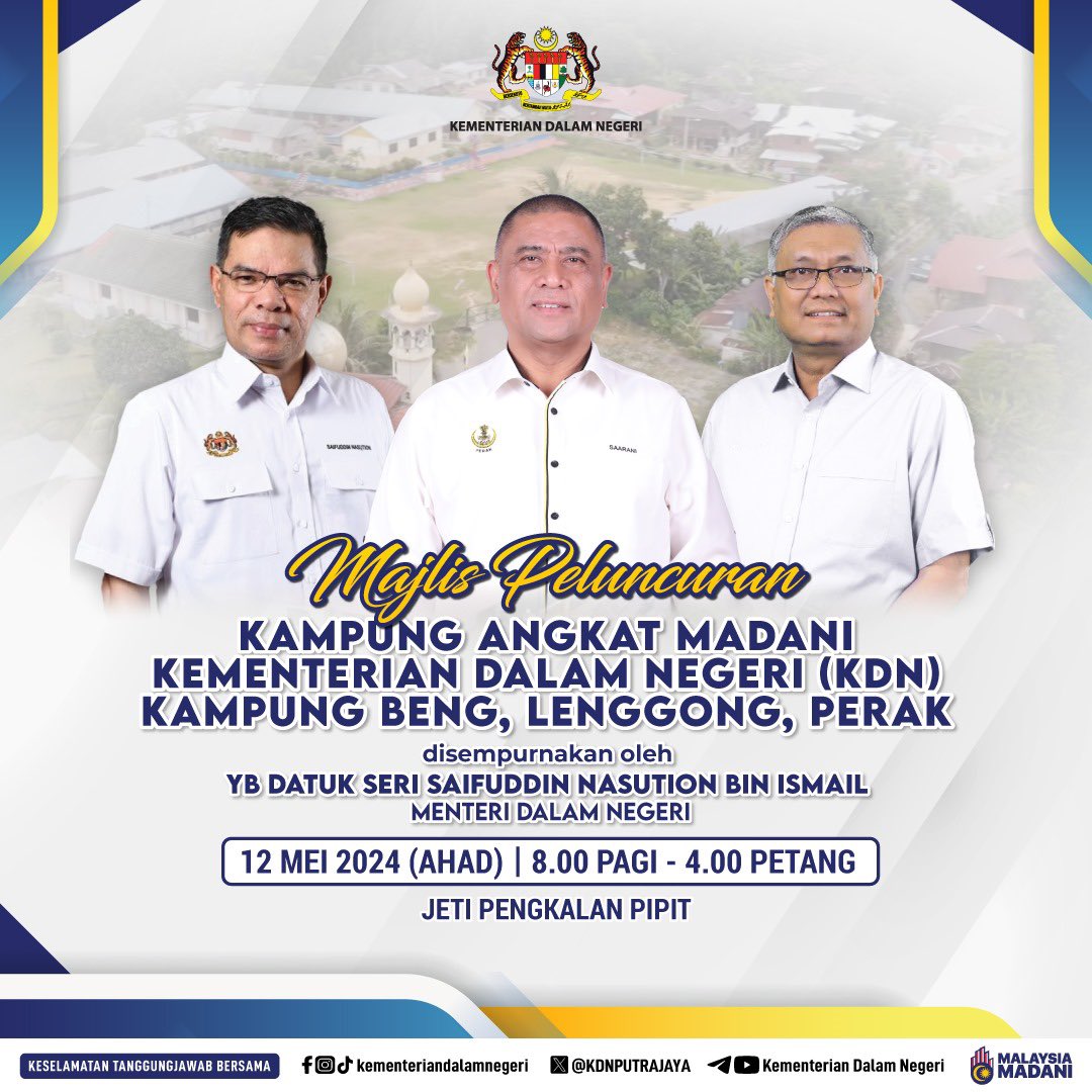 MAJLIS PELUNCURAN KAMPUNG ANGKAT MADANI KEMENTERIAN DALAM NEGERI (KDN), KAMPUNG BENG, LENGGONG, PERAK

Jumpa anda di sana!

#KeselamatanTanggungjawabBersama
#MalaysiaMadani
#KementerianDalamNegeri
#KampungAngkatMADANI #KgBeng