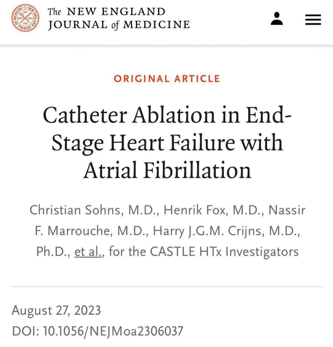 Catheter ablation in end-stage heart failure? A population not previously studied in this context, having been excluded from prior large trials. This trial showed the importance of sinus rhythm maintenance in this vulnerable population. CASTLE HTx Trial, NEJM 2023 ♥️