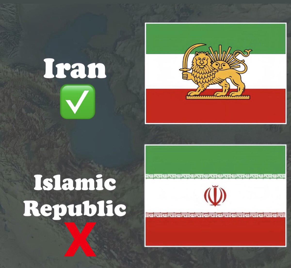 S’il vous plaît n’utilisez pas le drapeau que vous propose votre téléphone quand vous tapez Iran. C’est le drapeau de la république islamique. Nous n’avons qu’un drapeau et il a un lion et un Soleil dessus. L’autre a été créé par les ayatollahs et ne sera jamais le nôtre