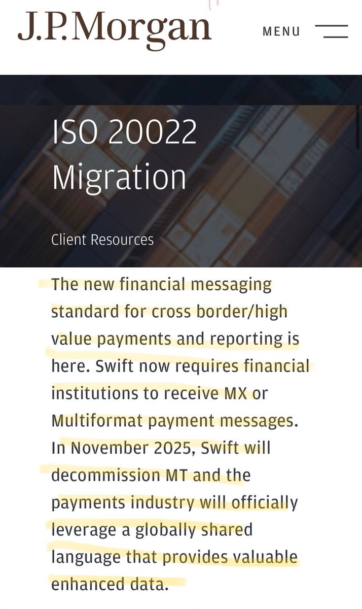 To note: JP Morgan and any participant that utilizes SWIFT must be ready to transition from MT messages to Rich data messaging MX by November 2025. jpmorgan.com/payments/clien…