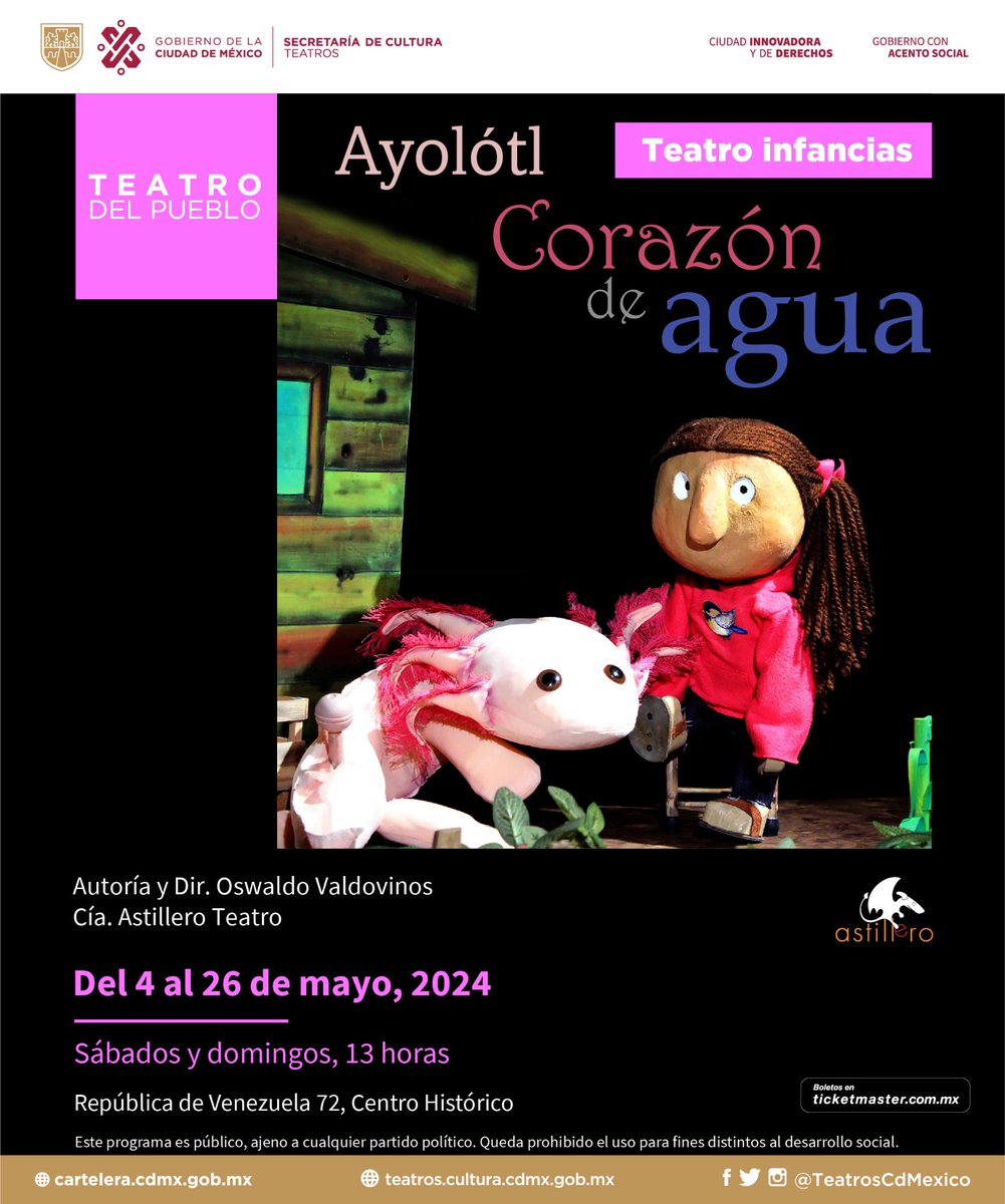 Una obra sobre el cuidado del ajolote y su importancia, ¡acompáñanos este domingo en #AyólotlCorazónDeAgua en el #TeatroDelPueblo! Disfruta esta increíble historia para toda la familia a las 13 horas. Boletos disponibles 🎟️ bit.ly/4cGZfp7