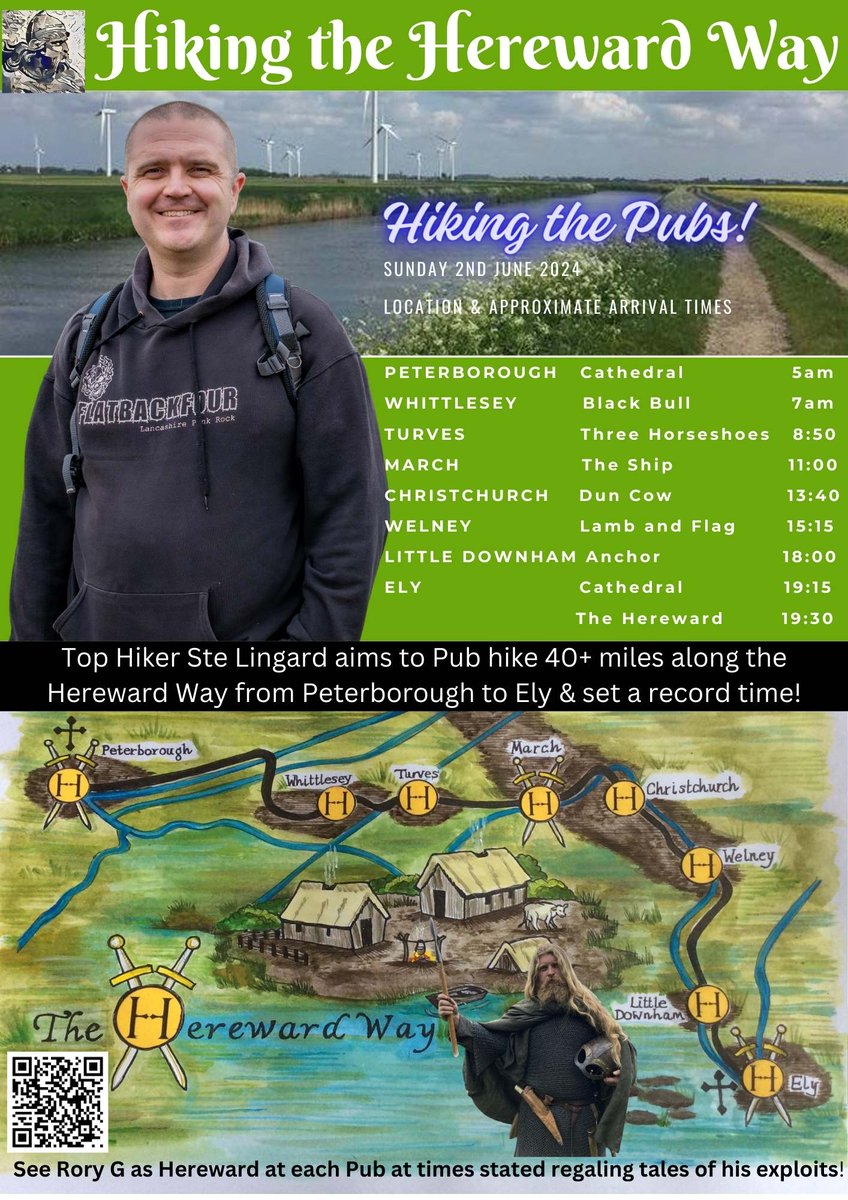 Charity hiker Ste Lingard @stelingard is hiking the pubs along the @Hereward_Way to set a record time over the 40+ miles from @pborocathedral to @Ely_Cathedral on 2nd June He'll be joined by #HerewardTheWake actor Rory G at the pubs at times stated: herewardthewake.co.uk/hereward-way