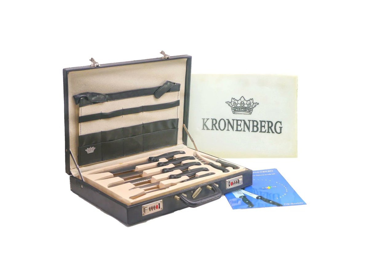 Kronenberg Rostfrei knife and fork set. Locking Diplomaten briefcase. etsy.me/3Wwd9ou via @Etsy #BuyfromGroovy #antiqueshop #knifeset #cookware #Kronenberg #KronenbergRostfrei #giftformen #carvingset #Kronenbergknives #EtsySellers