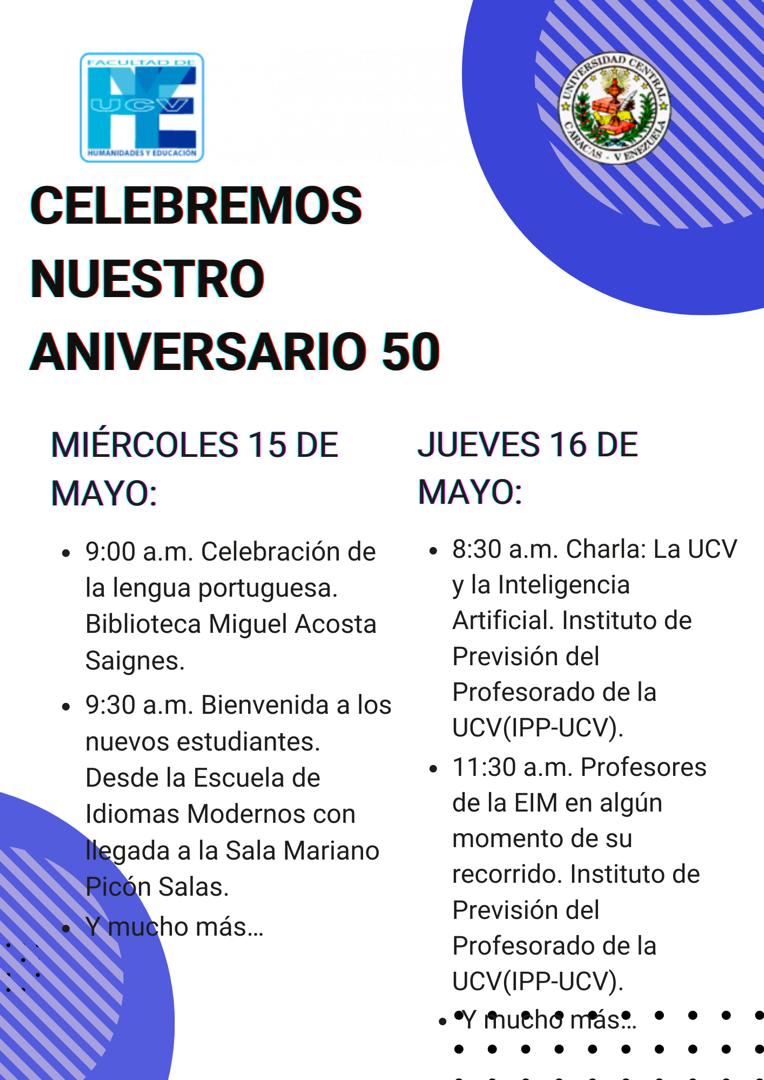 pmbarriosmo's tweet photo. Del  13 al 17 de mayo, se celebrará el 50 aniversario de la Escuela de Idiomas Modernos de la Facultad de Humanidades y Educación #UCV @fhyeucv https://t.co/vNHE3ye9z1