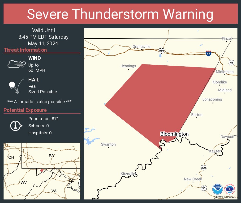 Severe Thunderstorm Warning continues for Bloomington MD until 8:45 PM EDT