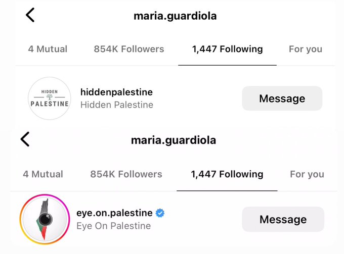 a5medv's tweet image. إبنة بيب غوارديولا قامت بحذف المتابعة من حسابات أهم المشاهير اللي لم يقوموا بدعم فلسطين، وهي نفسها قامت بدعم حسابات تدعم القضية على الانستاغرام.

ملحوظة: إبنة بيب يوم 8 أكتوبر نشرت تضامن مع الصهاينة وكانت معهم قلبًا وقالبًا، بعدها بأقل من أسبوعين موقفها تغيّر بسبب النشر والترجمة…