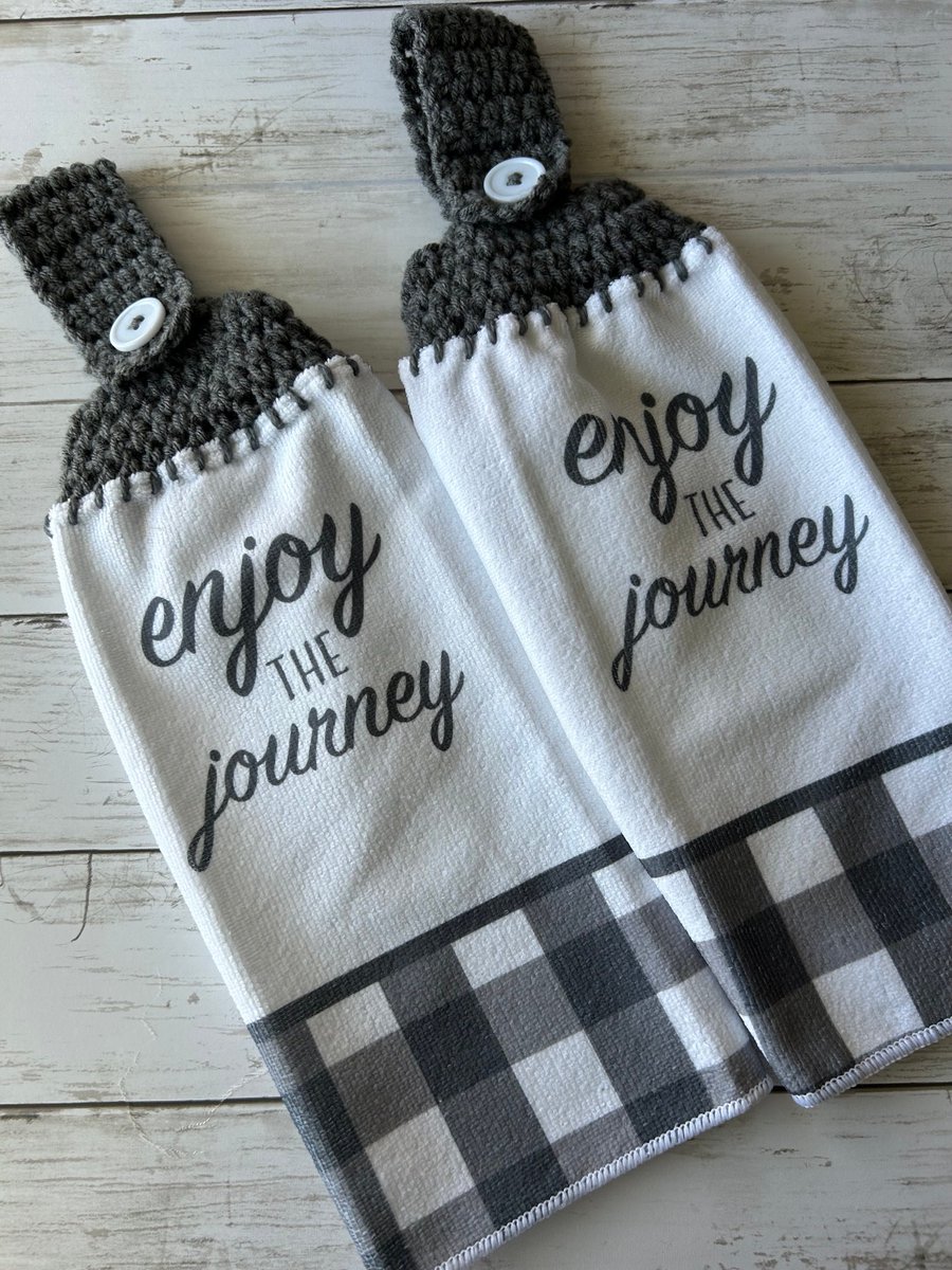 2 Farmhouse Kitchen Towel set, Enjoy the Journey crochet top kitchen towels tuppu.net/dae7f665 #craftshout #craftbizparty #NewHomeGift