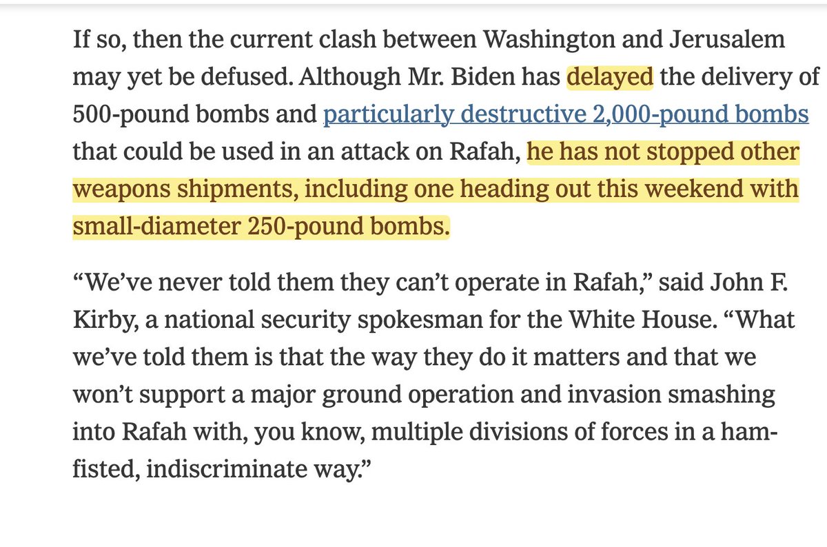 NYT sub-headline claims that Biden is 'increasingly frustrated' with Israel, quoting his friend Chuck Hagel, who says the president has decided that 'enough is enough.' But he's not frustrated enough to cut off US weapons. He's only 'delayed' one shipment and 'has not stopped