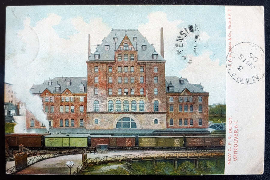 Realized $53 in today's auction Lot 45 New C.P.R. Depot Vancouver 14 Jun 1906 1c Hibben Postcard w/ msg #HibbenPostcards #VancouverPostcards #BCPostcards allnationsstampandcoin.com/auction-this-w…