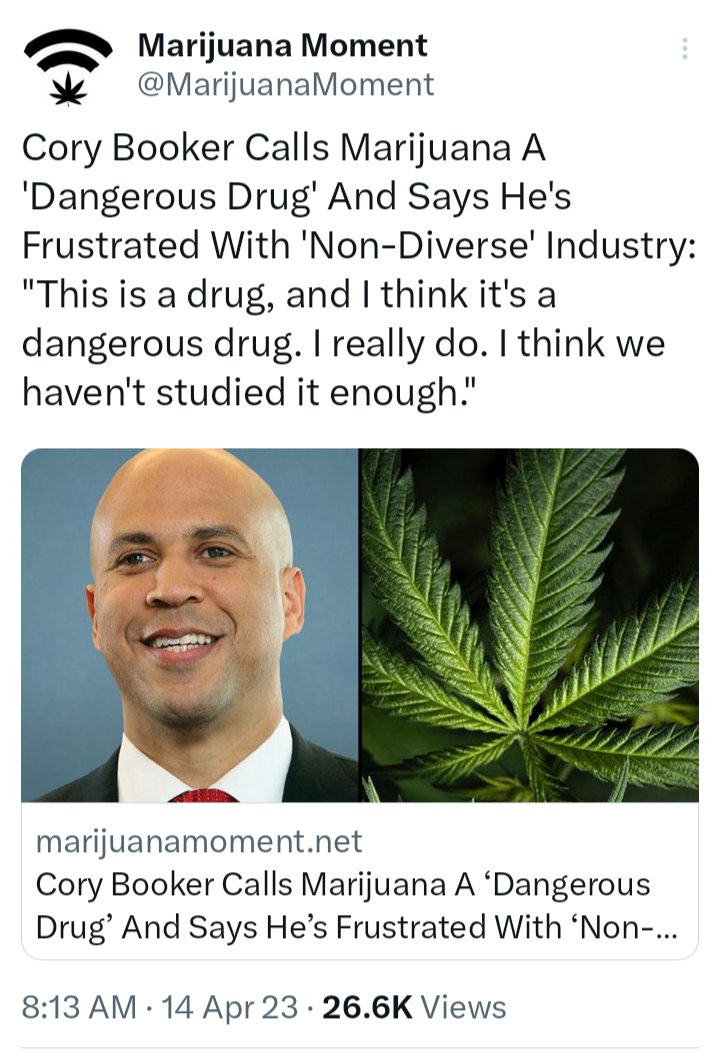 @Tikiking1 @66Blunts @SenBooker said this just one year ago.  He couldn't be more out of touch on #cannabis reform. 

 The longer Booker and @SenSchumer hold back #SAFEBanking the more they harm minority small business owners and make large MSOs stronger .
