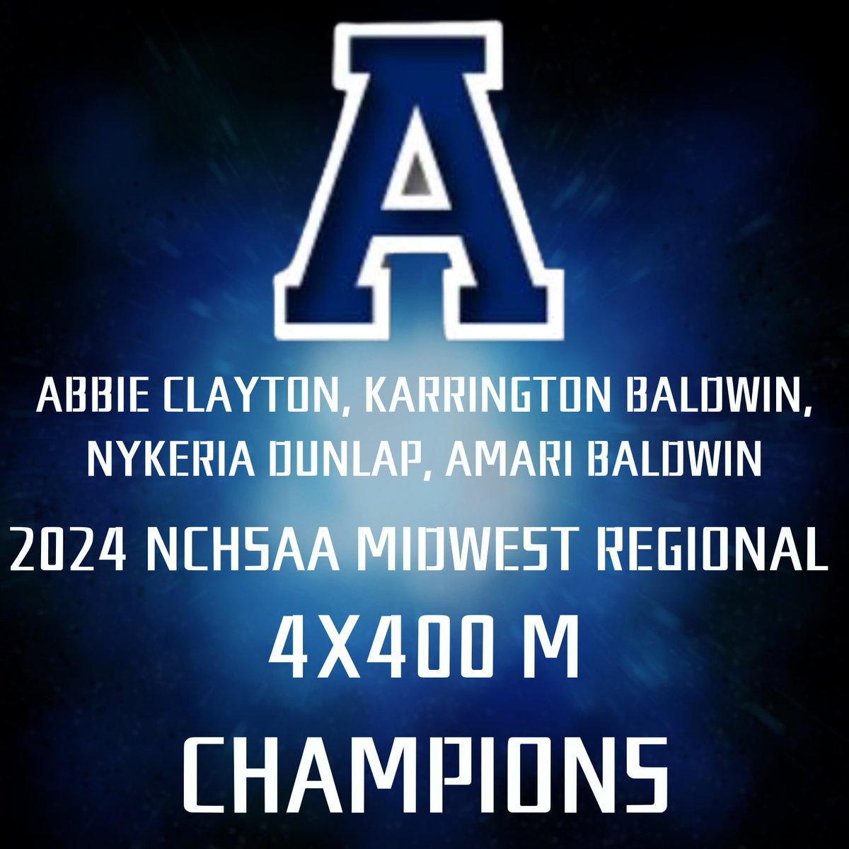 🚨ATOWN TRACK🚨

Midwest Regional Champions:

Amari Baldwin - Triple Jump

Dre Davis - 100M Dash

Girls 4x400M Relay - Abbie Clayton, Karrington Baldwin, NyKeria Dunlap, Amari Baldwin

#BulldogPride