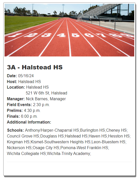 KSHSAA 3A Regional, Halstead High School, Halstead Ks, Thursday May 16th @usd361 @Bton244 @cheneycctrack @CGroveBraves @DHSBULLD0GS @Halstead_AD @USD312Haven @HesstonHS @KingmanTrack @SWHActivities @BluestemLionsTF @AD_Nickerson @OCAthletics_ @WFHS @WCSKS Wichita Trinity Academy