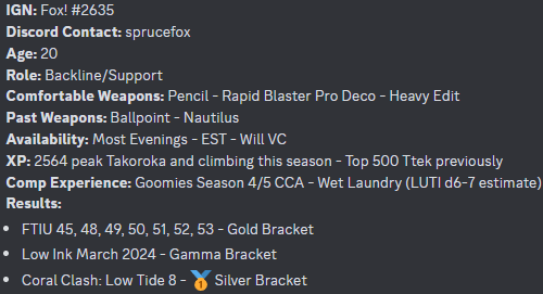 spl_fox's tweet photo. Hey I'm Fox! I'm a backline spaltoon player looking for a team of like-minded people to push this game with. I enjoy theory crafting about the meta, weapon comps, and I'm hoping to start making strides in terms of results. DM if you're interested in playing or just wanna chat ^w^ https://t.co/Y2zupI6FBb