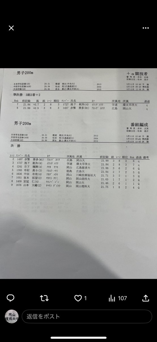 中四国インカレ3日目
男子200m準決勝 山本(2) 21秒75 理大記録更新㊗️
12時からの決勝に進出です‼️応援よろしくお願いします🏃‍♂️

 #岡山理科大学  #陸上競技部  #陸上競技  #岡山