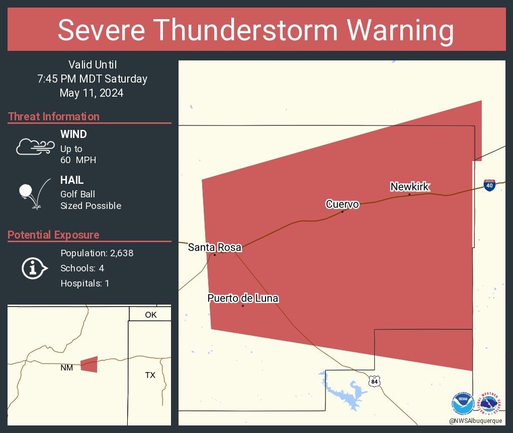 Severe Thunderstorm Warning including Santa Rosa NM, Puerto de Luna NM and Newkirk NM until 7:45 PM MDT. This storm will contain golf ball sized hail!