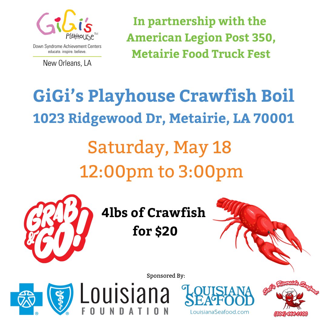 Be sure to stop by the Playhouse next Saturday, May 18! We will have crawfish to-go! All proceeds will help support our FREE programs.